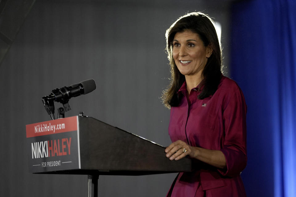 FILE - Republican presidential candidate former UN Ambassador Nikki Haley speaks at a caucus night party in West Des Moines, Iowa, Jan. 15, 2024. Haley's base of voters and donors was never big enough to seriously challenge Donald Trump. But her supporters are still splintered weeks after she dropped out of the GOP primary. If that holds, it could hurt Trump's general election chances.(AP Photo/Carolyn Kaster, File)