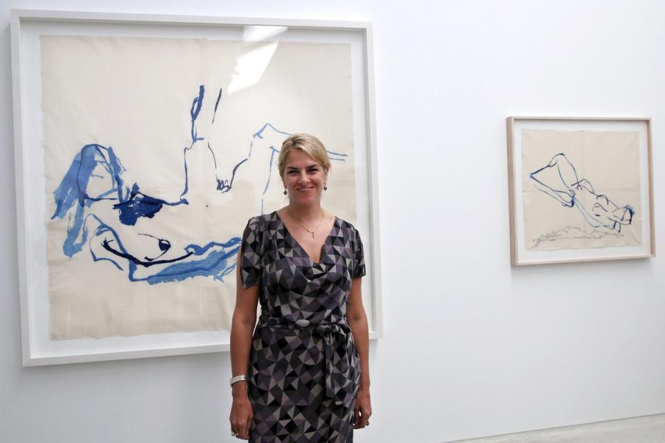 Emin at the Turner Contemporary gallery in Margate in 2012, with a work from her exhibition ‘She Lay Down Deep Beneath the Sea’ (Getty)