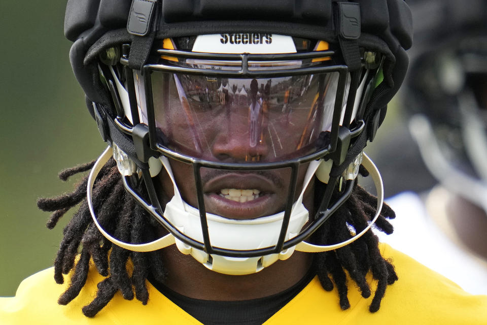 Pittsburgh Steelers cornerback Joey Porter Jr. participates in the NFL football team's training camp in Latrobe, Pa., Thursday, July 27, 2023. (AP Photo/Gene J. Puskar)