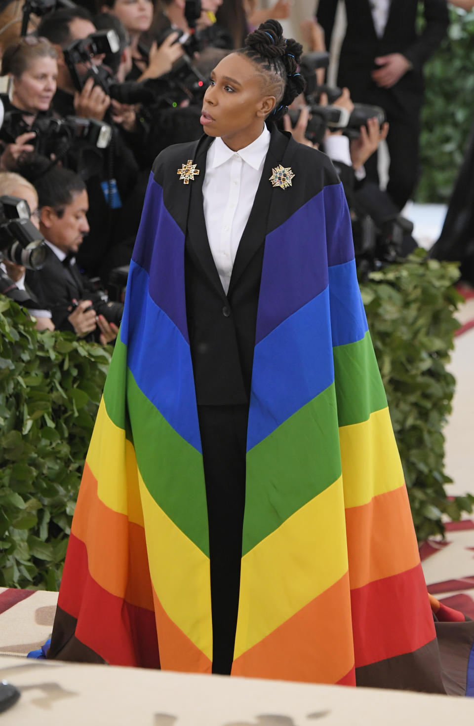 Lena Waithe attends the Met Gala in a rainbow gown. Source: Getty.