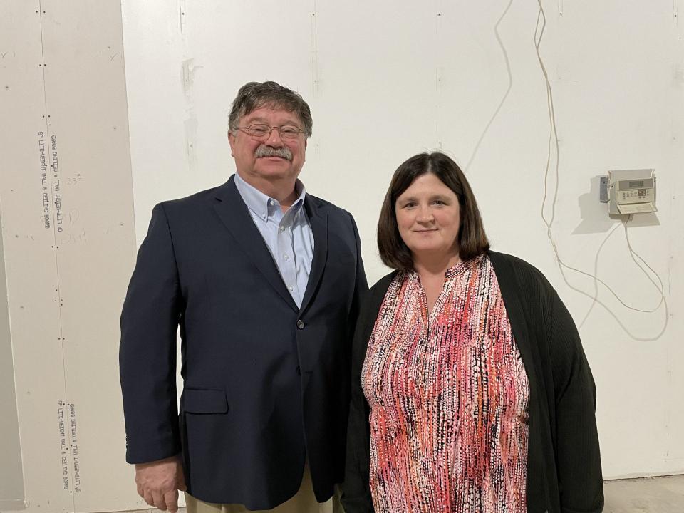 Timothy Matune, senior vice president of asset redevelopment for Cafaro, and Rhonda Howard, the Mall of Monroe’s property manager, are shown in the construction area for Dirty Birdie, a new business coming soon to the mall.