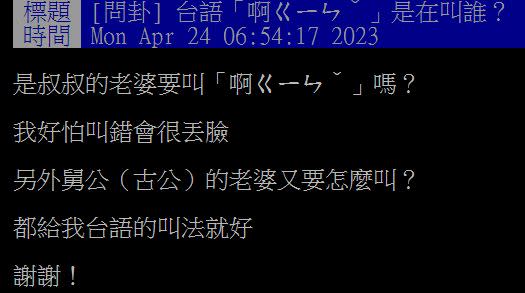 原PO發文詢問，該如何用台語稱呼嬸嬸、妗婆。（圖／翻攝自PTT）