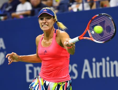 Sept 4, 2016; New York, NY, USA; Angelique Kerber of Germany hits to Petra Kvitova of the Czech Republic on day seven of the 2016 U.S. Open tennis tournament at USTA Billie Jean King National Tennis Center. Mandatory Credit: Robert Deutsch-USA TODAY Sports