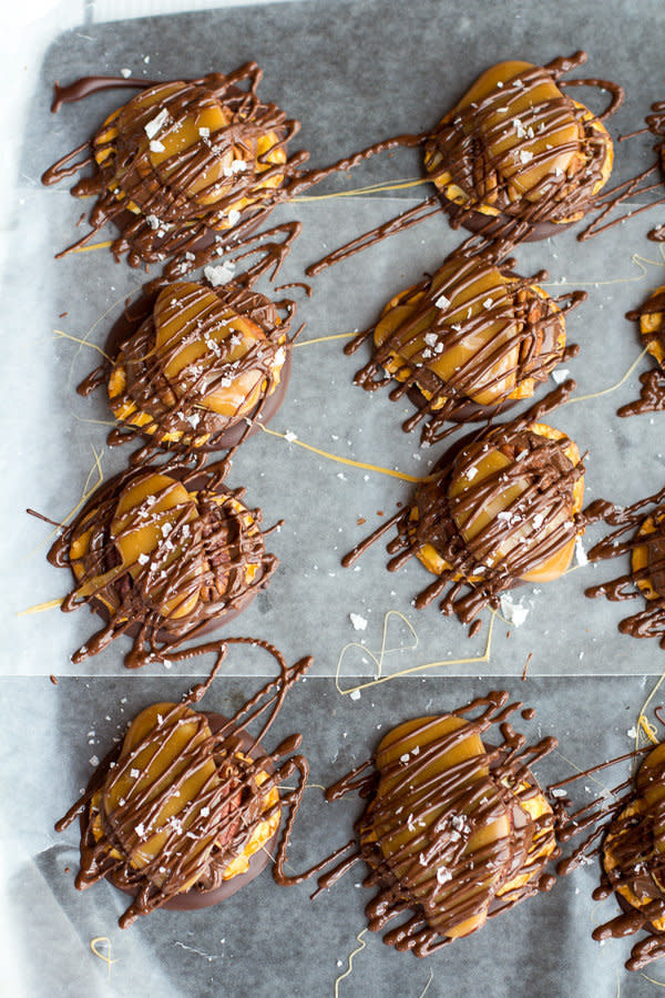 <strong>Get the <a href="http://www.halfbakedharvest.com/idiot-proof-salted-chocolate-covered-pretzel-nutella-turtle-cookies/" target="_blank">Salted Chocolate Covered Pretzel And Nutella Turtle Cookies recipe</a> from Half Baked Harvest</strong>