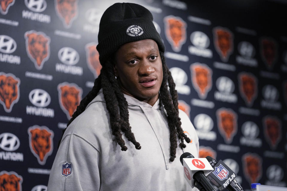 Chicago Bears linebacker Tremaine Edmunds listens to reporters at a news conference after NFL football practice in Lake Forest, Ill., Friday, May 31, 2024. (AP Photo/Nam Y. Huh)