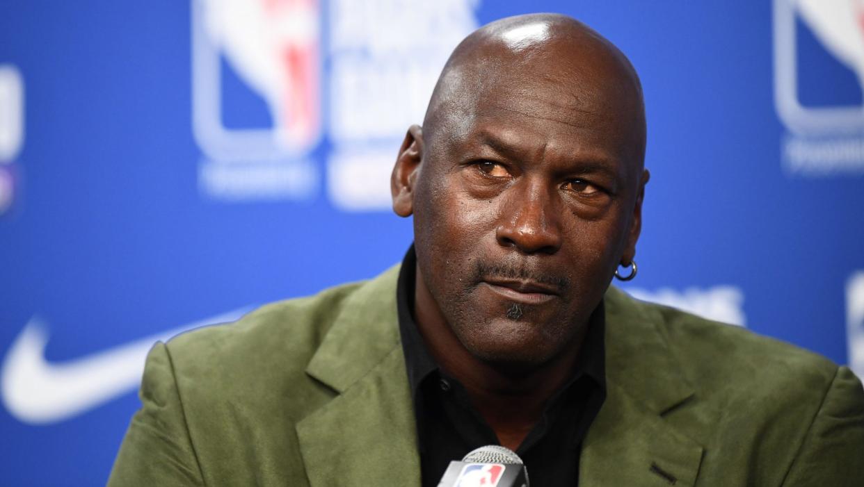 Former NBA star and owner of Charlotte Hornets team Michael Jordan looks on as he addresses a press conference ahead of the NBA basketball match between Milwaukee Bucks and Charlotte Hornets at The AccorHotels Arena in Paris on January 24, 2020. (Photo by FRANCK FIFE / AFP) (Photo by FRANCK FIFE/AFP via Getty Images)