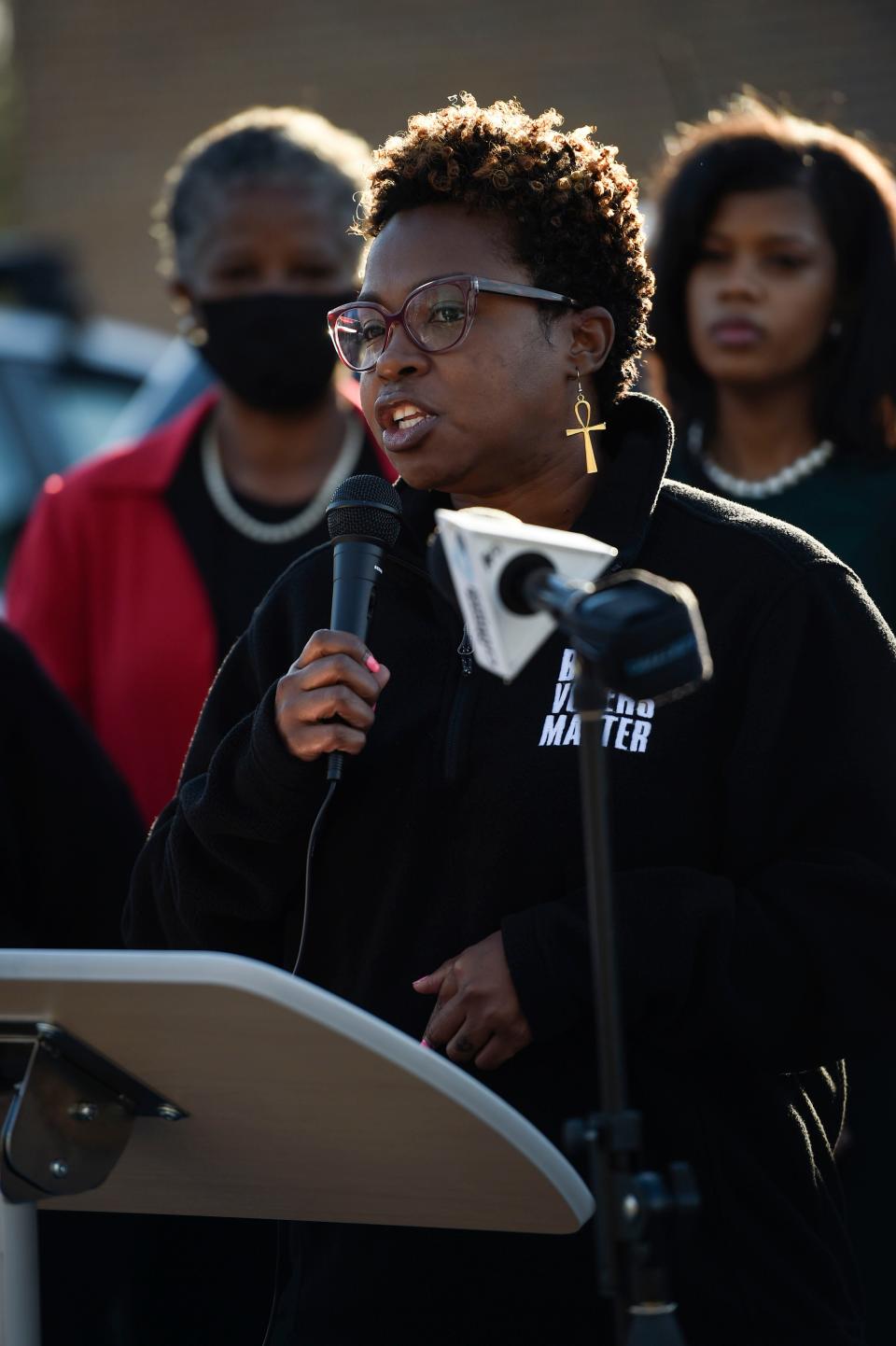 Fenika Miller, Georgia Senior State Coordinator for the Black Voters Matter Fund, addresses members of the media during a press conference before the Lincoln County Board of Elections vote in Lincolnton on Wednesday, Jan. 19, 2022. 