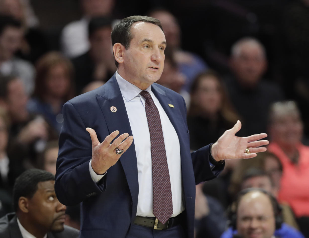 Duke head coach Mike Krzyzewski argues a call during the first half of an NCAA basketball game against Wake Forest in Winston-Salem, N.C., Tuesday, Jan. 23, 2018. (AP Photo/Chuck Burton)