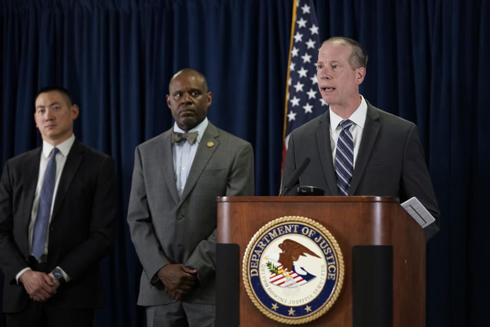 Robert Tripp, special agent in charge of the FBI's San Francisco Field Office, right, speaks to reporters during a press conference to announce federal authorities have charged 10 current and former Northern California police officers in a corruption investigation Thursday, Aug. 17, 2023, in San Francisco. Arrest warrants were served Thursday in California, Texas and Hawaii. (AP Photo/Godofredo A. Vásquez)