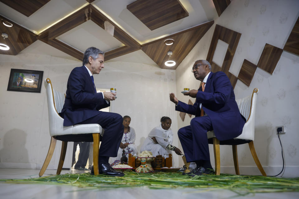 U.S. Secretary of State Antony Blinken meets Ethiopian Deputy Prime Minister and Foreign Minister Demeke Mekonnen in Addis Ababa, Ethiopia, Wednesday, March 15, 2023. (Tiksa Negeri/Pool Photo via AP)