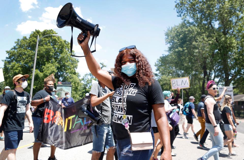 Kayla Gore leads participates in a PRIDE rally that started in Overton Park on Sunday, June 14, 2020 in Memphis, Tenn.  The demonstration was part of the ongoing protests in the city following the killing of George Floyd in Minneapolis on Memorial Day.