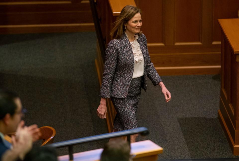 Supreme Court Justice Amy Coney Barrett walks into McCartan Courtroom at Notre Dame as she prepares to deliver the keynote address at the Law Review’s Federal Courts Symposium on Monday, Feb. 14, 2022.