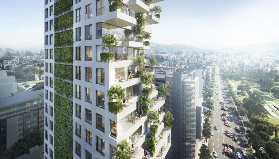 On the edge of La Carolina Park, Moshe Safdie's Qorner Tower is his first project in Ecuador. The design emphasizes indoor-outdoor living with double-height terraces and a green wall on the north facade.