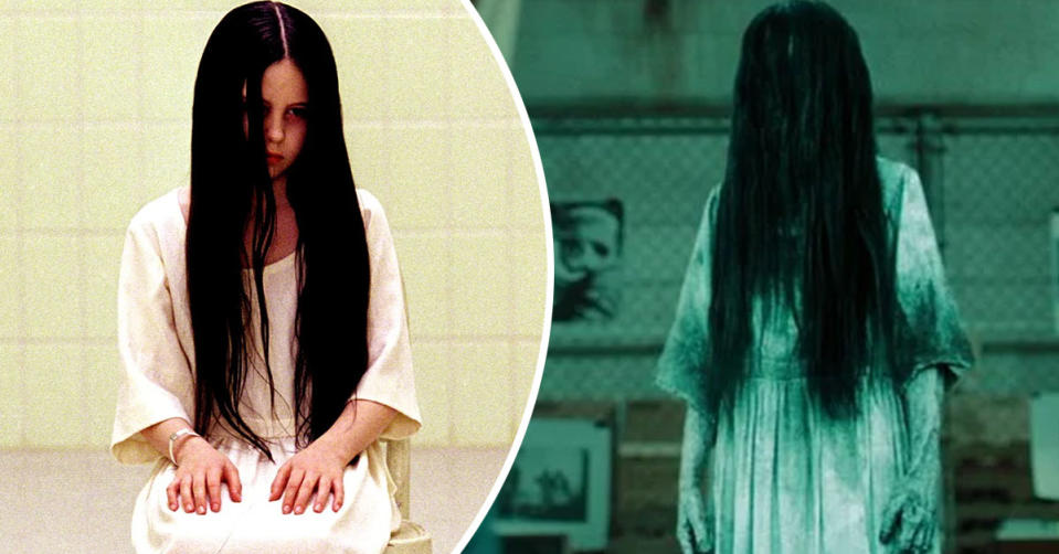 Two photos of Daveigh Chase as Samara Morgan in The Ring film