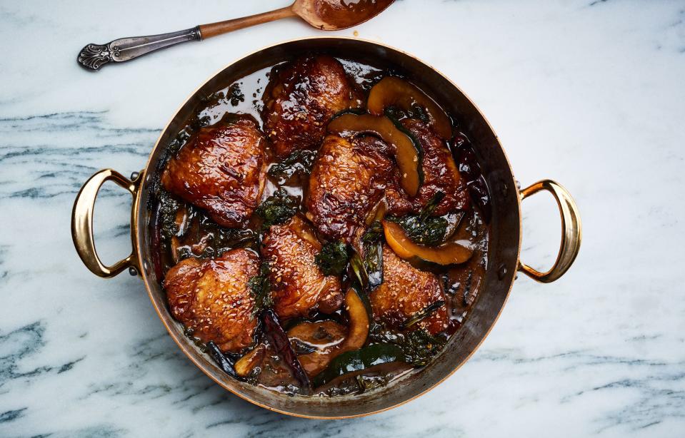 Braised Chicken Thighs with Squash and Mustard Greens