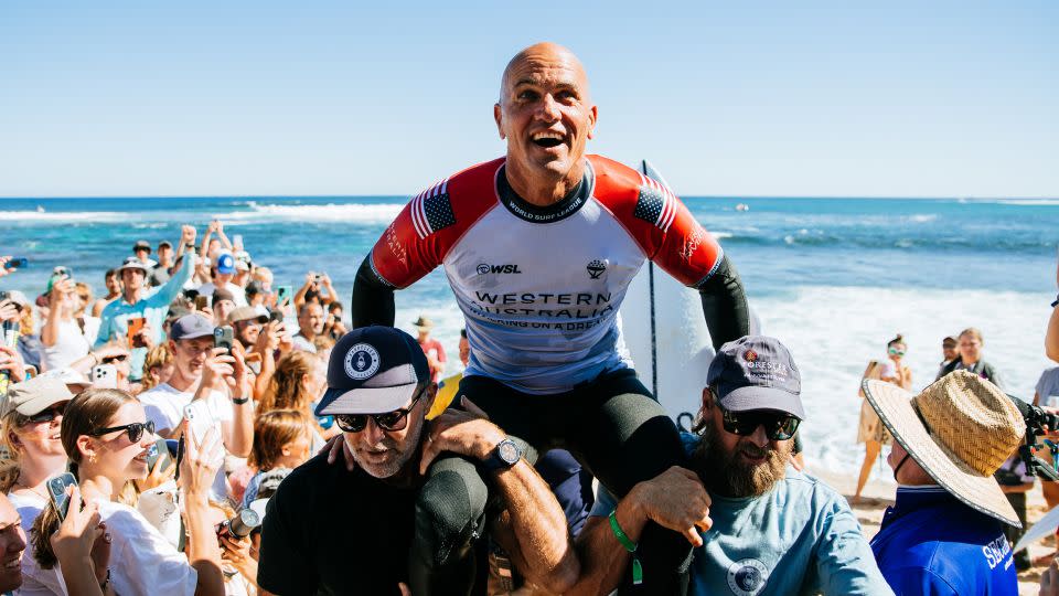 Eleven-time WSL Champion Kelly Slater of the United States after surfing in Heat 5 of the Round of 32 at the Western Australia Margaret River Pro on April 16, 2024 - Beatriz Ryder/World Surf League/Getty Images