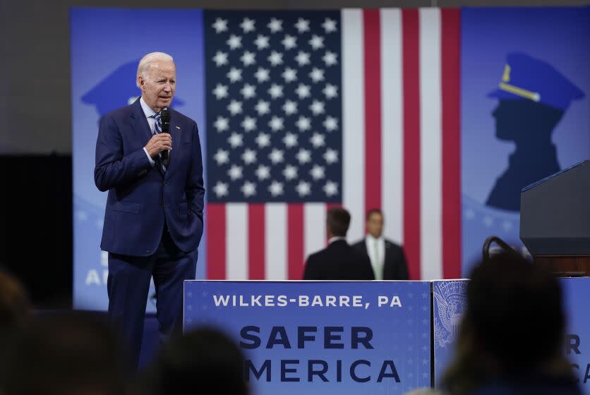 President Joe Biden speaks at the Arnaud C. Marts Center on the campus of Wilkes University, Tuesday, Aug. 30, 2022, in Wilkes-Barre, Pa. (AP Photo/Evan Vucci)