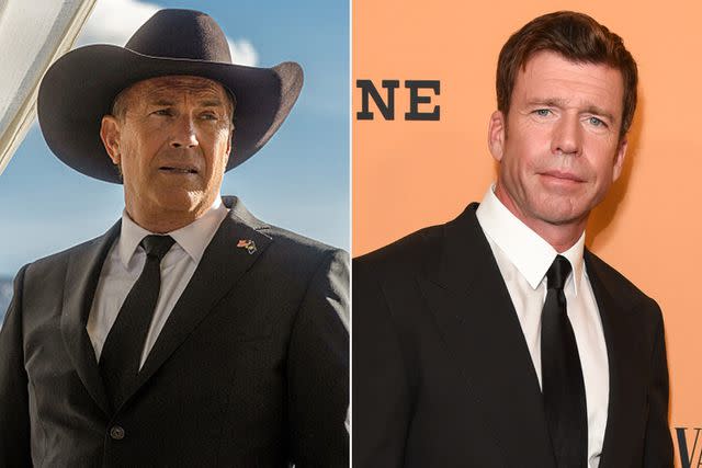 <p>Paramount; Presley Ann/Getty</p> (L-R) Kevin Costner and 'Yellowstone' showrunner Taylor Sheridan