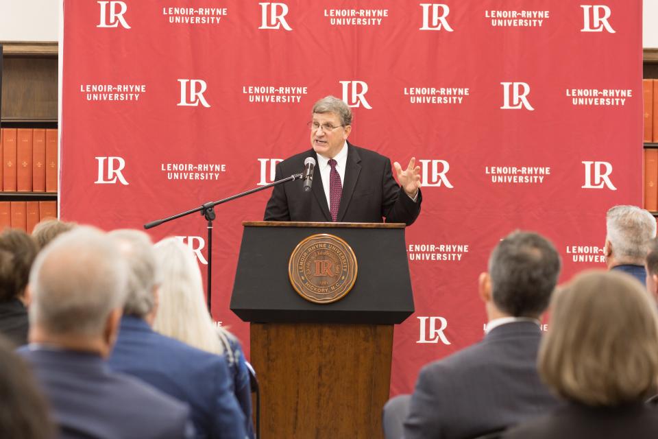 Lenoir-Rhyne President Fred Whitt speaks about a new agreement between the four-year college based in Hickory and community colleges like the ones in Gaston and Cleveland counties.
