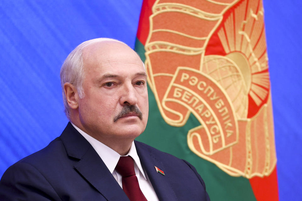 Belarusian President Alexander Lukashenko attends an annual press conference in Minsk, Belarus, Monday, Aug. 9, 2021. Belarus' authoritarian leader on Monday charged that the opposition was plotting a coup in the runup to last year's presidential election that triggered a monthslong wave of mass protests. President Alexander Lukashenko held his annual press conference on Monday, the one-year anniversary of the vote that handed him a sixth term in office but was denounced by the opposition and the West as rigged. (Pavel Orlovsky/BelTA photo via AP)