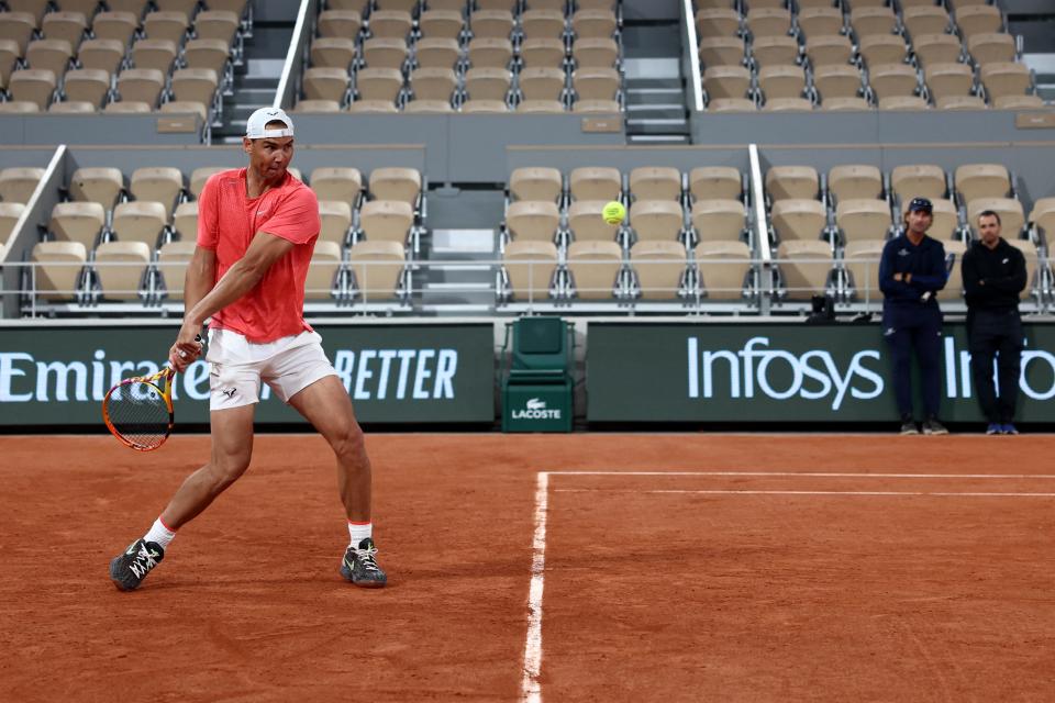 Spain's Rafael Nadal takes part in a practice session ahead of The French Open tennis tournament on Court Philippe-Chatrier at The Roland Garros Complex in Paris on May 22, 2024.