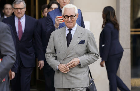 Roger Stone, longtime political ally of U.S. President Donald Trump, departs following a status hearing in the criminal case against him brought by Special Counsel Robert Mueller at U.S. District Court in Washington, U.S., March 14, 2019. REUTERS/Joshua Roberts