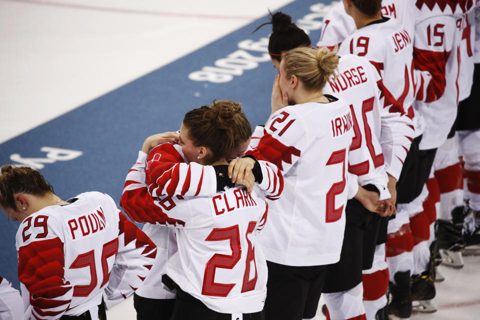 <p>Members of team Canada react after losing to the United States in the women’s gold medal hockey game at the 2018 Winter Olympics in Gangneung, South Korea, Thursday, Feb. 22, 2018. (AP Photo/Jae C. Hong) </p>