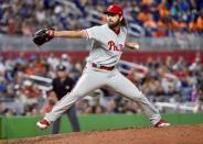 Jul 14, 2018; Miami, FL, USA; Philadelphia Phillies relief pitcher Austin Davis (54) delivers a pitch in the seventh inning against the Miami Marlins at Marlins Park. Mandatory Credit: Steve Mitchell-USA TODAY Sports