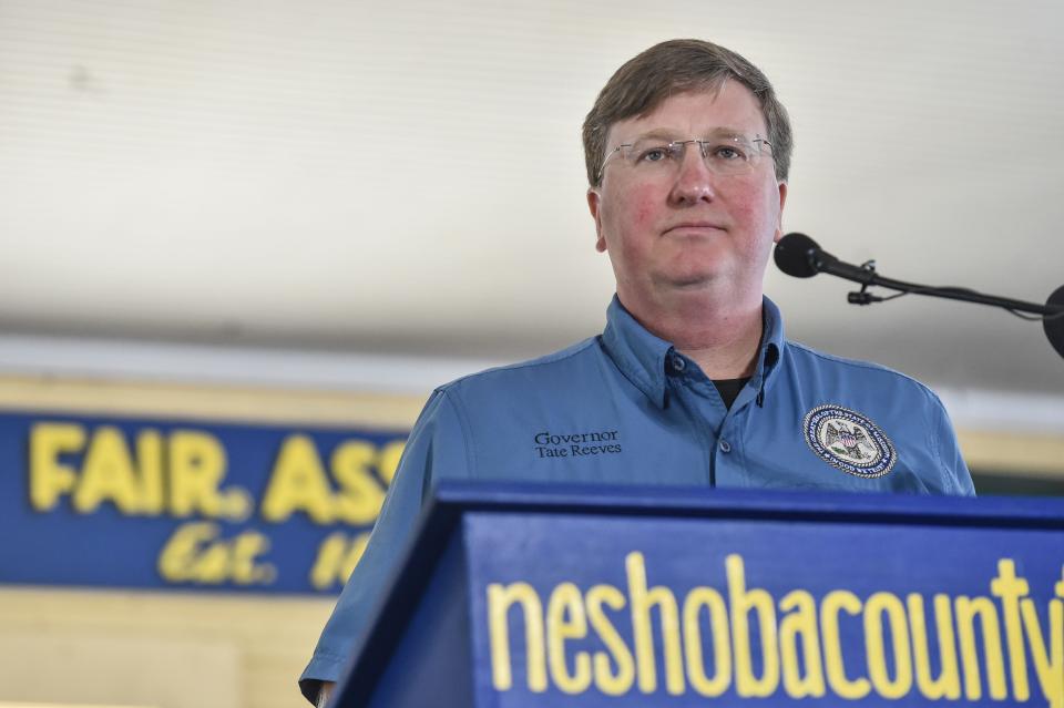 Mississippi Governor Tate Reeves speaks at the Neshoba County Fair in Philadelphia on Thursday, July 28, 2022.