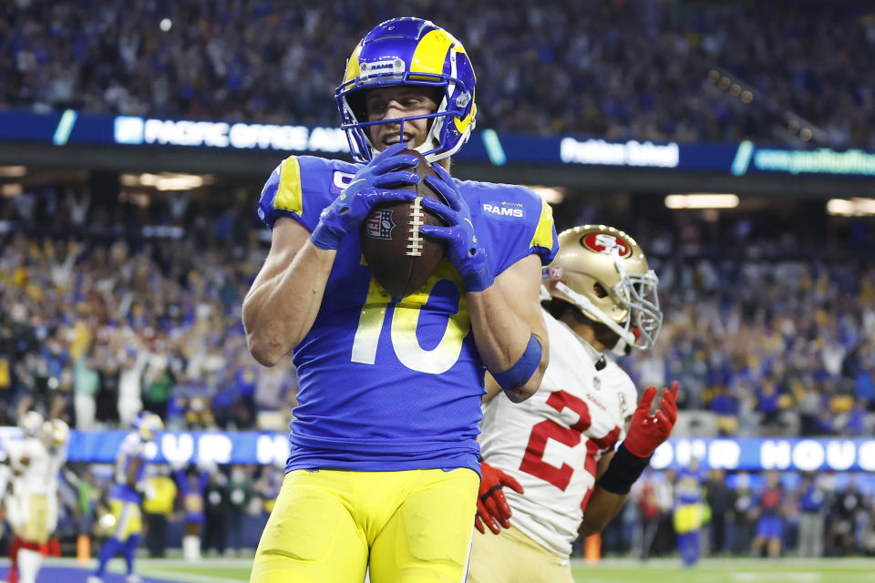 INGLEWOOD, CALIFORNIA - JANUARY 30: Cooper Kupp #10 of the Los Angeles Rams catches an 11 yard touchdown in the fourth quarter against the San Francisco 49ers in the NFC Championship Game at SoFi Stadium on January 30, 2022 in Inglewood, California. (Photo by Christian Petersen/Getty Images)