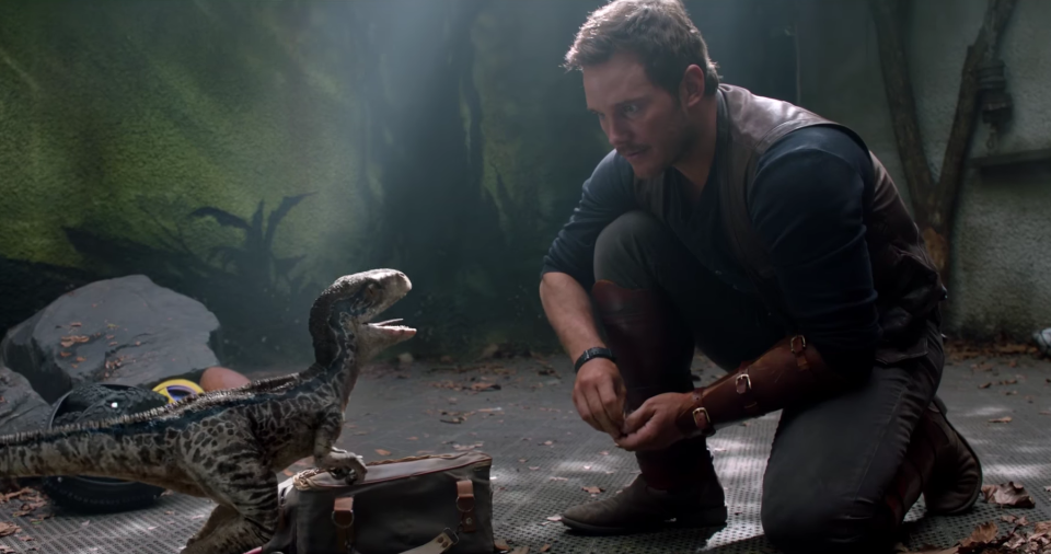 Chris Pratt’s Owen Grady is seen petting a young Blue via a brief flashback. (Universal Pictures)