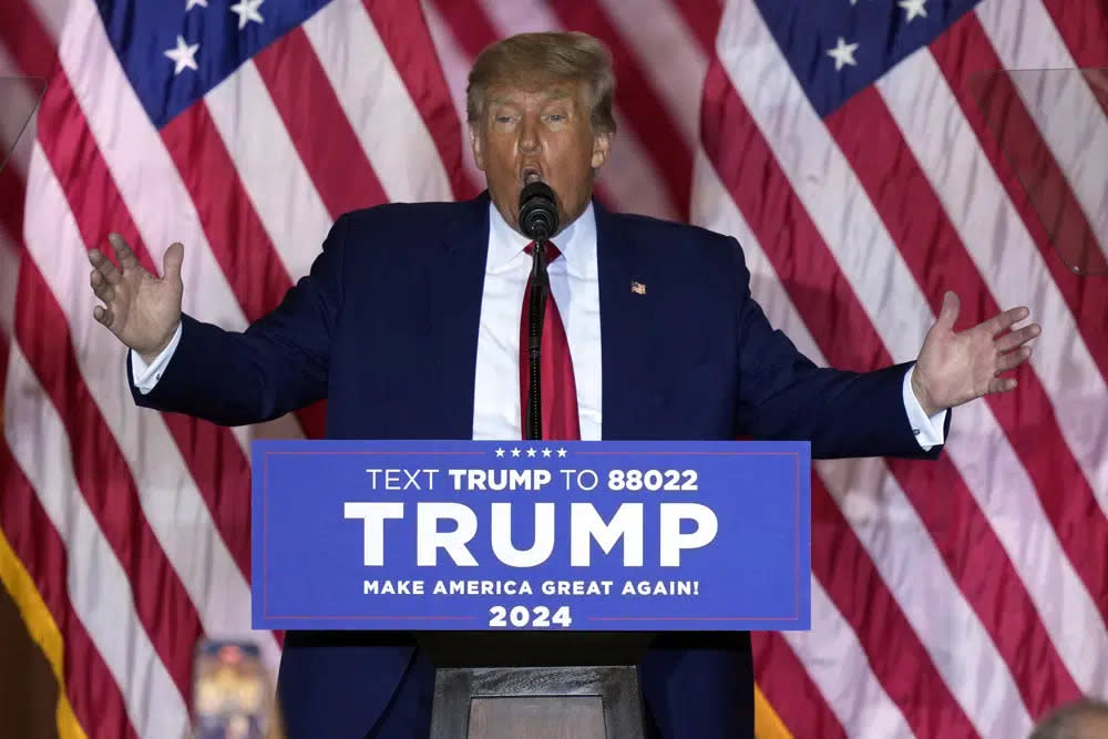 Former President Donald Trump announces a third run for president at Mar-a-Lago in Palm Beach, Fla., Nov. 15, 2022. (AP Photo/Rebecca Blackwell, File)