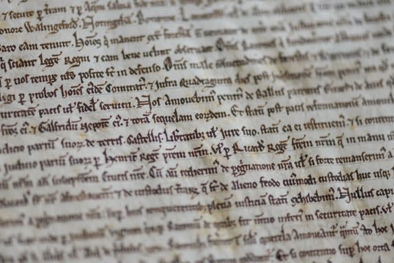 An original copy of the Magna Carta from 1215 held at the Salisbury Cathedral.