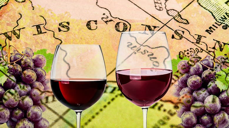 glasses of red wine and grapes over Wisconsin map