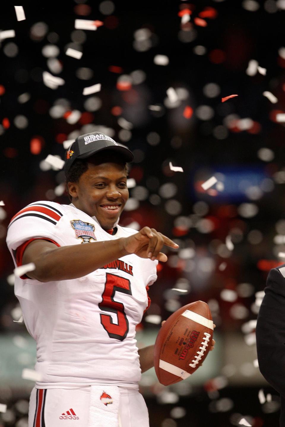 U of L's Teddy Bridgewater, #5, is named MVP after their 33 to 23 win over the Florida Gators in the Allstate Sugar Bowl at Mercedes-Benz Superdome on January 2, 2013 in New Orleans, Louisiana.