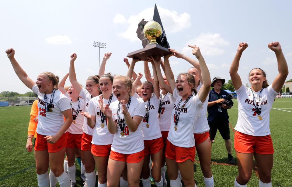 Plymouth High School's players ackowledge their fans after a 2-1 victory against Edgewood Sacred Heart High School during their WIAA Division 3 girls soccer championship game Saturday, June 17, 2023, at Uihlein Soccer Park in Milwaukee, Wis. Dan Powers/USA TODAY NETWORK-Wisconsin. 