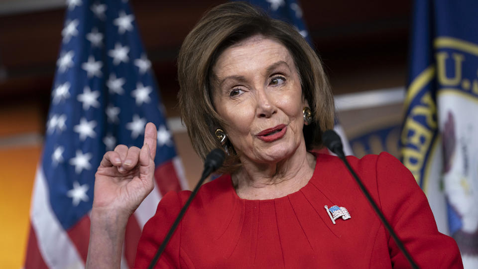 House Speaker Nancy Pelosi, D-Calif., talks to reporters on Capitol Hill in Washington, D.C., Thursday. (AP Photo/J. Scott Applewhite)