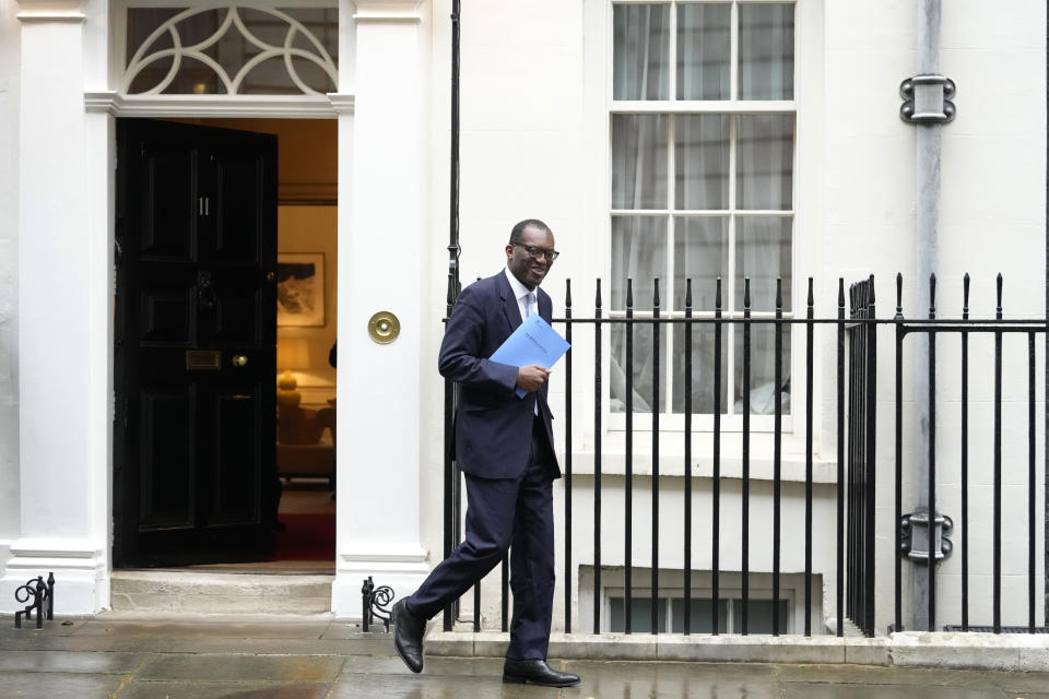 Britain's Chancellor Kwasi Kwarteng leaves 11 Downing Street in London, Friday, Sept. 23, 2022. The Chancellor will deliver a mini budget in parliament. (AP Photo/Kirsty Wigglesworth)