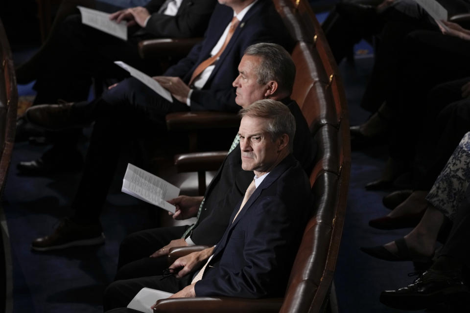 FILE - Rep. Jim Jordan, R-Ohio, listens as India's Prime Minister Narendra Modi addresses a joint meeting of Congress at the Capitol in Washington, Thursday, June 22, 2023. (AP Photo/Manuel Balce Ceneta, File)