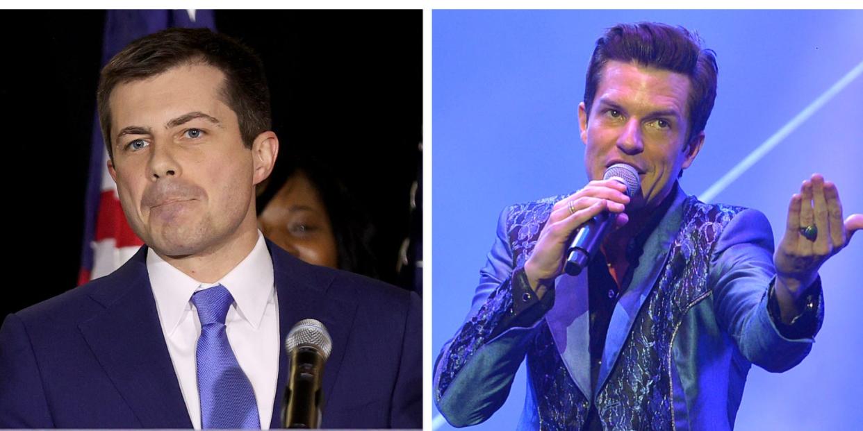 Collage: Secretary of Housing and Urban Development Pete Buttigieg (left) and Brandon Flowers, lead singer for The Killers (right).