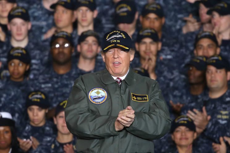 President Trump speaks aboard the USS Gerald R. Ford in March