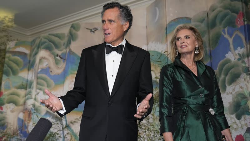 Sen. Mitt Romney, R-Utah, and his wife Ann Romney arrive for the State Dinner with President Joe Biden and the South Korea’s President Yoon Suk Yeol at the White House on Wednesday, April 26, 2023, in Washington.