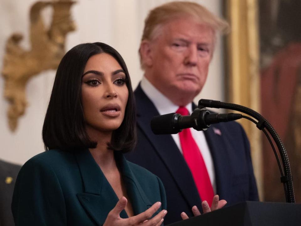 Kim Kardashian speaks alongside US President Donald Trump during a second chance hiring and criminal justice reform event in the East Room of the White House in Washington, DC, June 13, 2019. (Getty images)