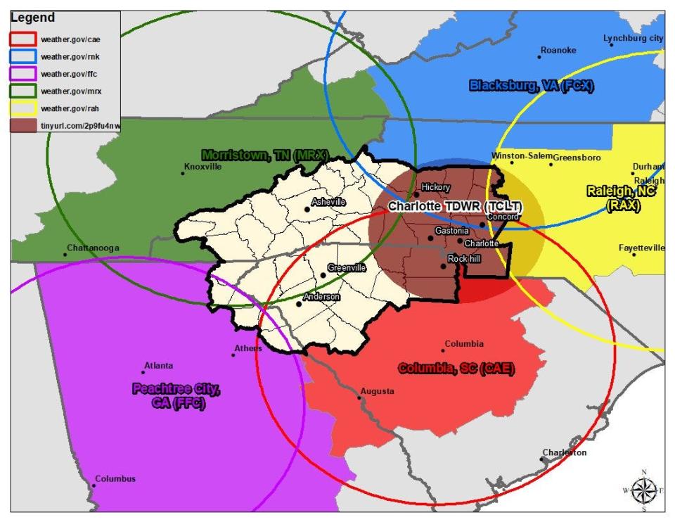 A map shows several Nation Weather Service radar service radii. There would be another circle centered in the Greenville area would be present, but the tower at NWS' Greenville-Spartanburg airport is currently down for repairs.