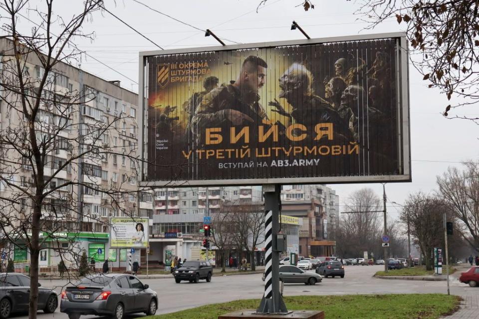 A recruitment billboard for the Ukrainian Armed Forces' Third Separate Assault Brigade in Zaporizhzhia, Ukraine, on Dec. 15, 2023. (Andriy Andriyenko/SOPA Images/LightRocket via Getty Images)