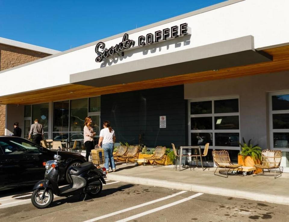 Customers chat outside of Scout Coffee on Foothill Boulevard in San Luis Obispo in 2017. Both locations of the local coffee shop chain are open on Christmas Eve, Dec. 24, 2023, and closed on Christmas Day, Dec. 25.