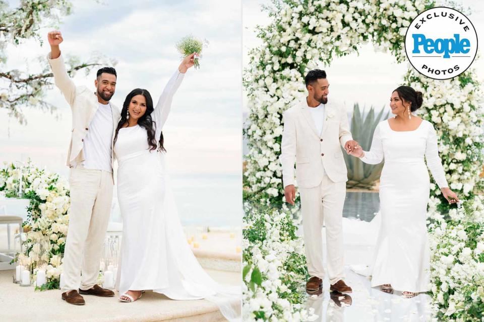 <p>MC Weddings</p> Tony Finau (left) and Alayna Finau at their vow renewal in Los Cabos in November 2023