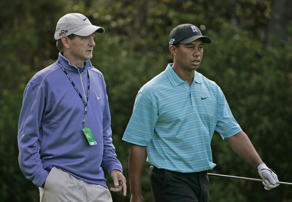 Tiger Woods and swing coach Hank Haney during a practice round for THE PLAYERS Championship held on THE PLAYERS Stadium Course at TPC Sawgrass in Ponte Vedra Beach, Florida, on May 8, 2007. Photo by: Chris Condon/PGA TOUR (Photo by Chris Condon/PGA)