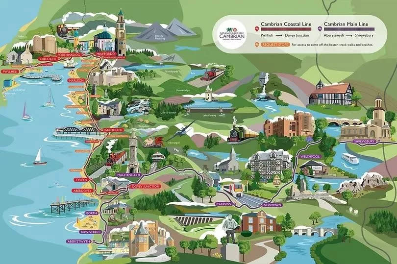 A map of the Cambrian Main Line and Cambrian Coast Line