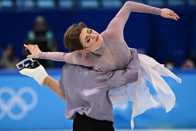 American skater Kaitlin Hawayek, shown competing in the ice dancing pairs competition in Beijing, said she had an eating disorder for several years. (Photo: ANNE-CHRISTINE POUJOULAT via Getty Images)